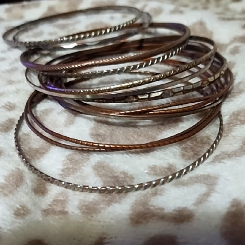 Elegant Silver and Brown Bangle Set 12 bracelets